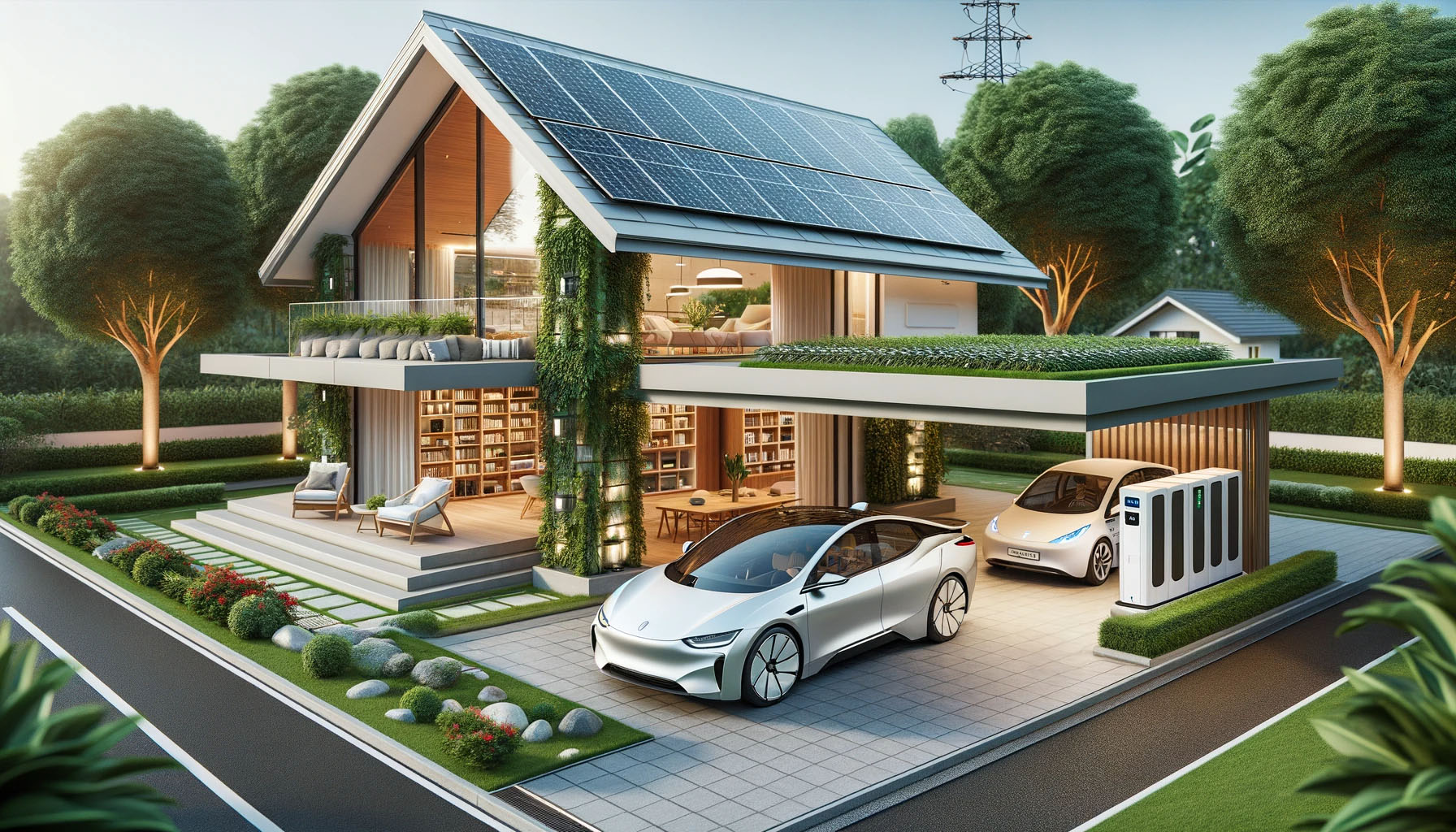 Bild eines Hauses mit einer Photovoltaikanlage auf dem Dach, einem Stromspeicher und einem Elektroauto im Carport und einer Wärmepumpe an der Wand. Im Hintergrund ist ein Strommast zu sehen.